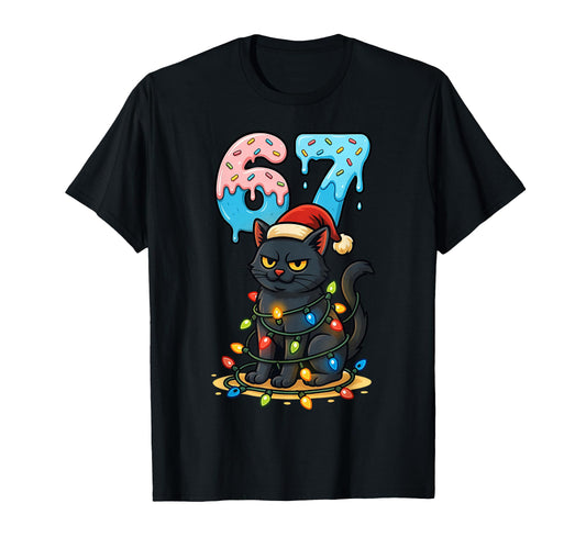 67 Black Cat Santa Hat Lights Drip T-Shirt - Trendy Graphic Men Women - T-Shirt, Sweatshirt, Hoodie