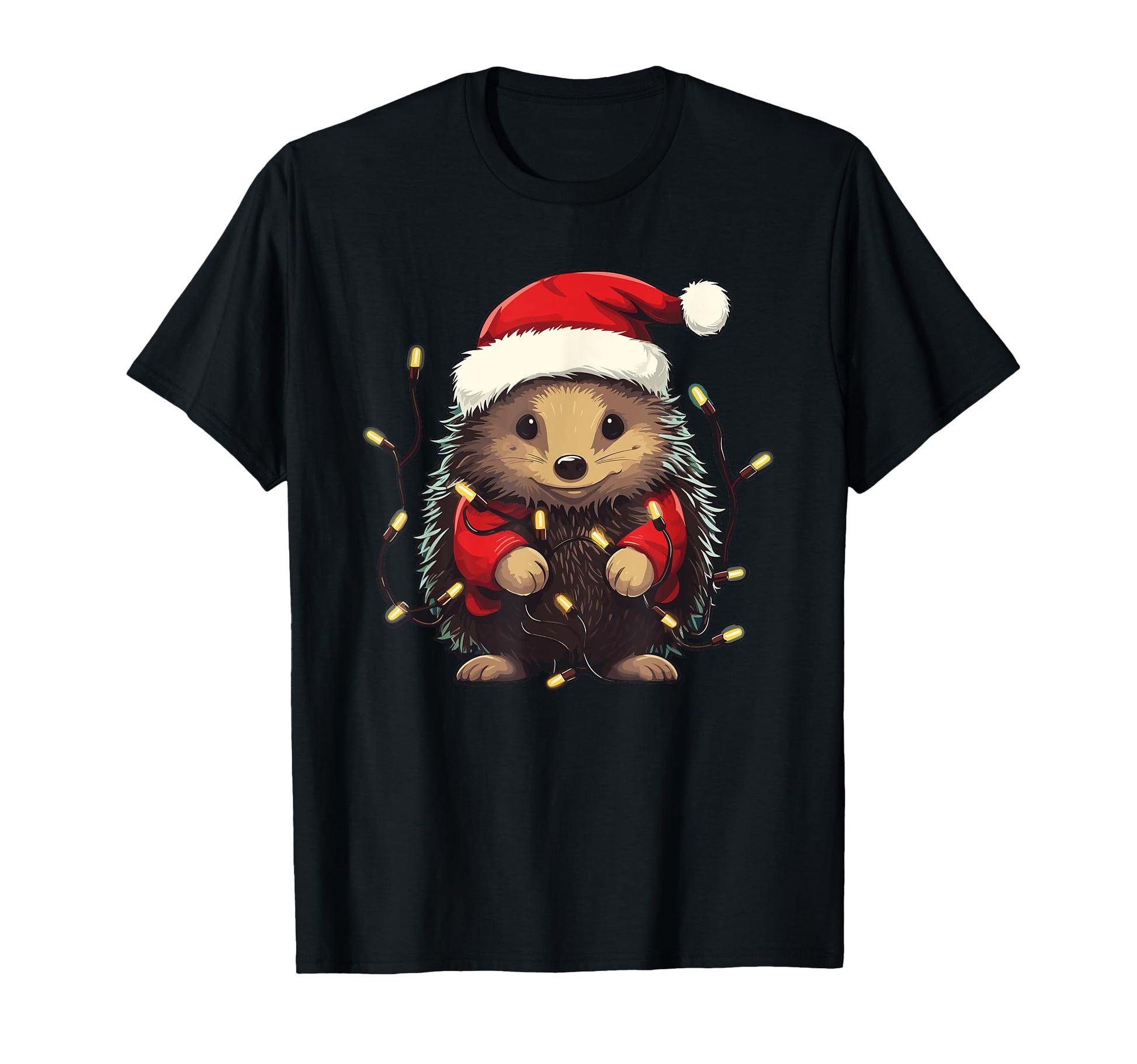 Hedgehog Lights Santa Hat Pajama T-Shirt - Graphic Print Unisex - T-Shirt, Sweatshirt, Hoodie