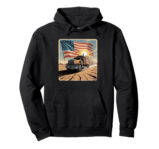American Flag Trucker Dad Big Rig Trailer Hoodie - Graphic Print Men Women - T-Shirt, Sweatshirt, Hoodie