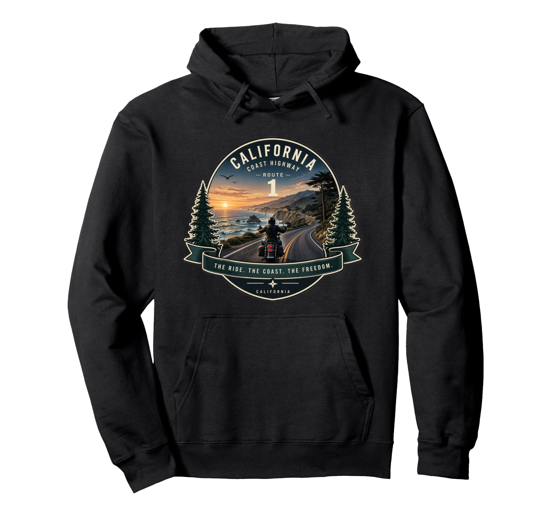 California Highway 1 Motorcycle Rider Hoodie - Casual Everyday Wear Unisex - T-Shirt, Sweatshirt, Hoodie