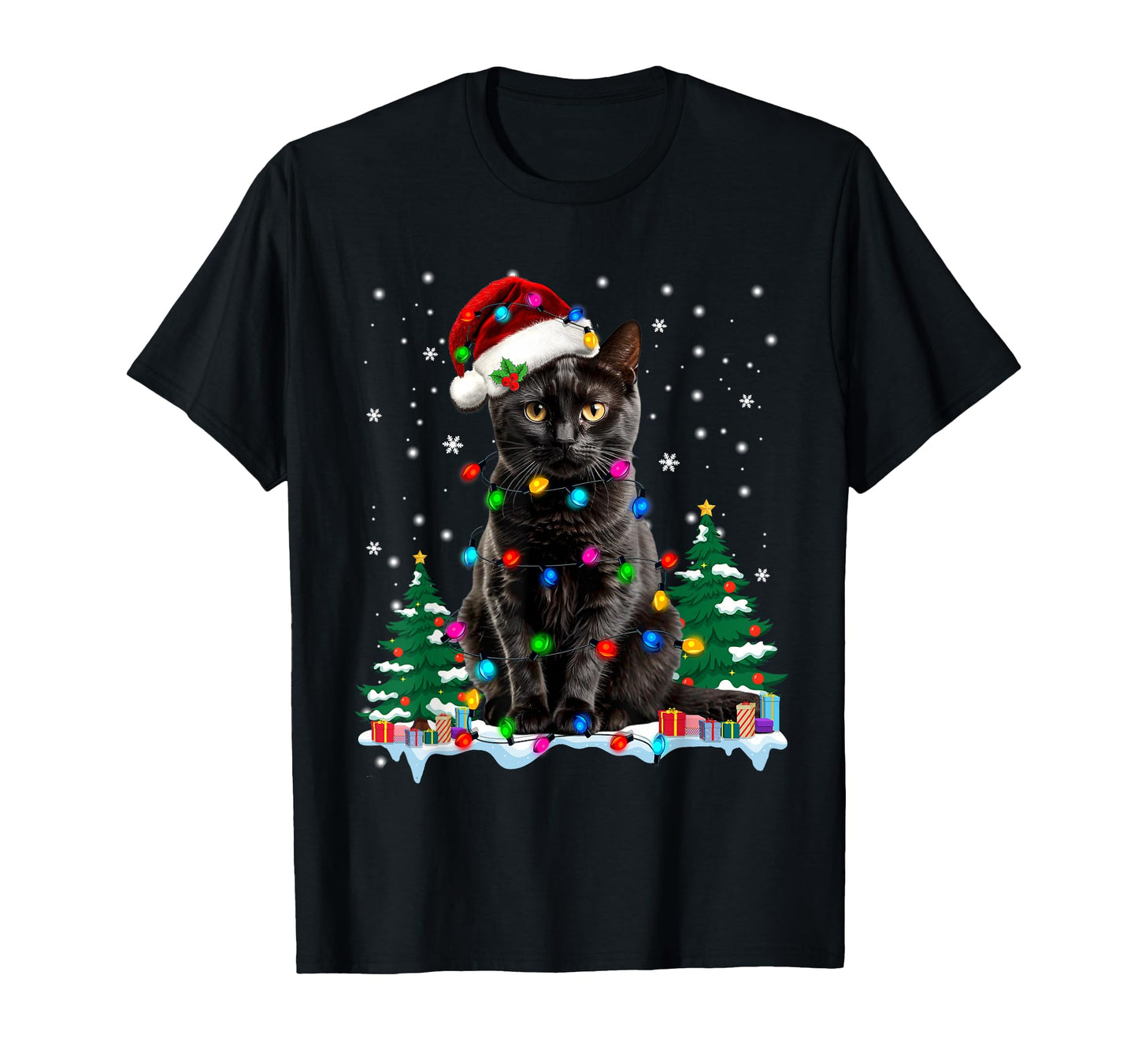 Black Cat Light Santa Hat Cat Lovers T-Shirt - Trendy Graphic for Adults - T-Shirt, Sweatshirt, Hoodie