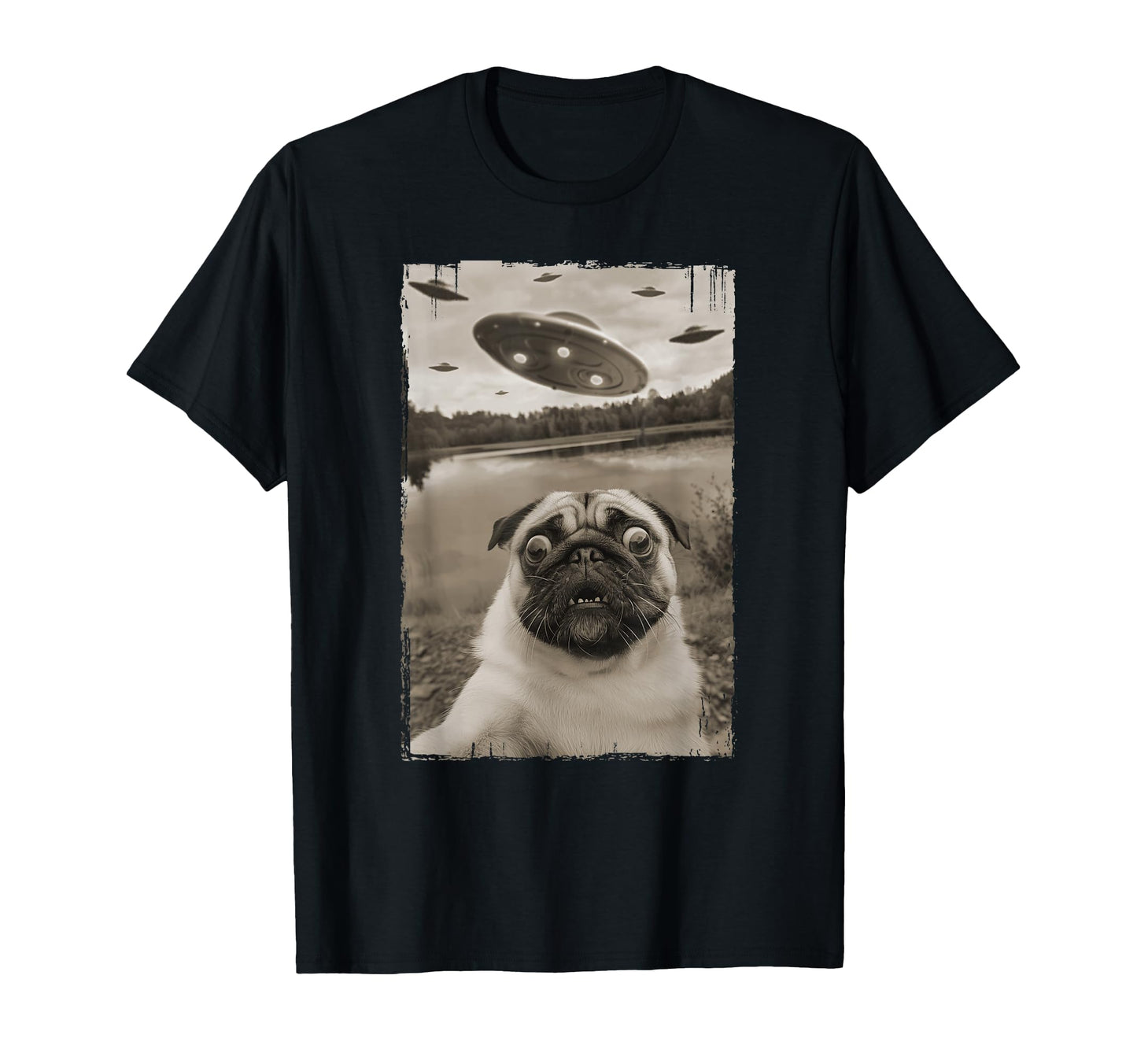 Pug Ufo Encounters Funny Ufo And Pug Selfie T-Shirt - Unique Graphic Unisex - T-Shirt, Sweatshirt, Hoodie