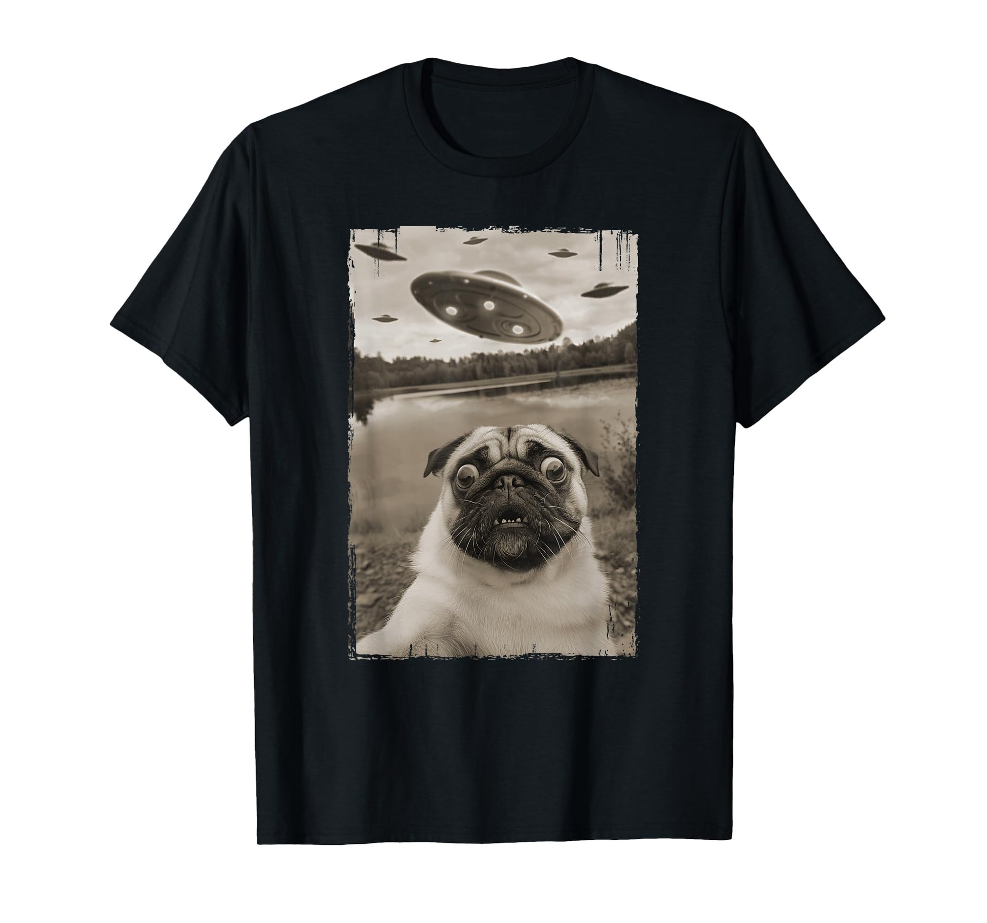 Pug Ufo Encounters Funny Ufo And Pug Selfie T-Shirt - Unique Graphic Unisex - T-Shirt, Sweatshirt, Hoodie