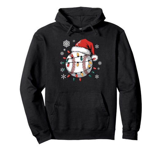 Baseball Ball Santa Hat Light Merry Hoodie - Fun Novelty Design for Adults - T-Shirt, Sweatshirt, Hoodie