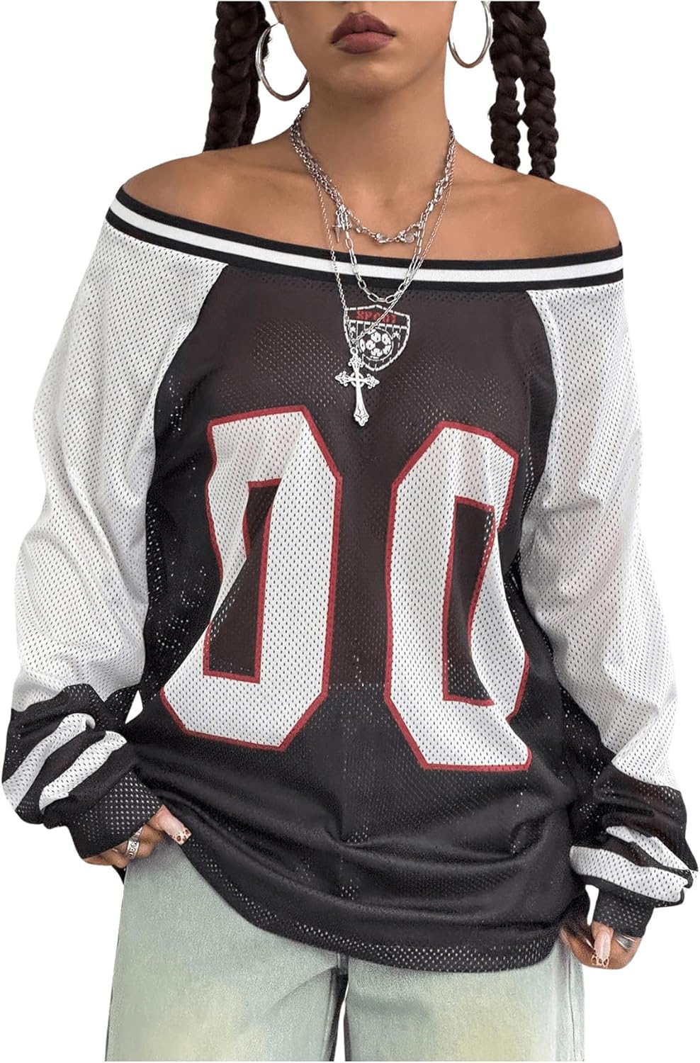 Women's Oversized Graphic Jersey Shirt Y2k Off Shoulder Long Sleeve Top Streetwear sports jersey product view 1