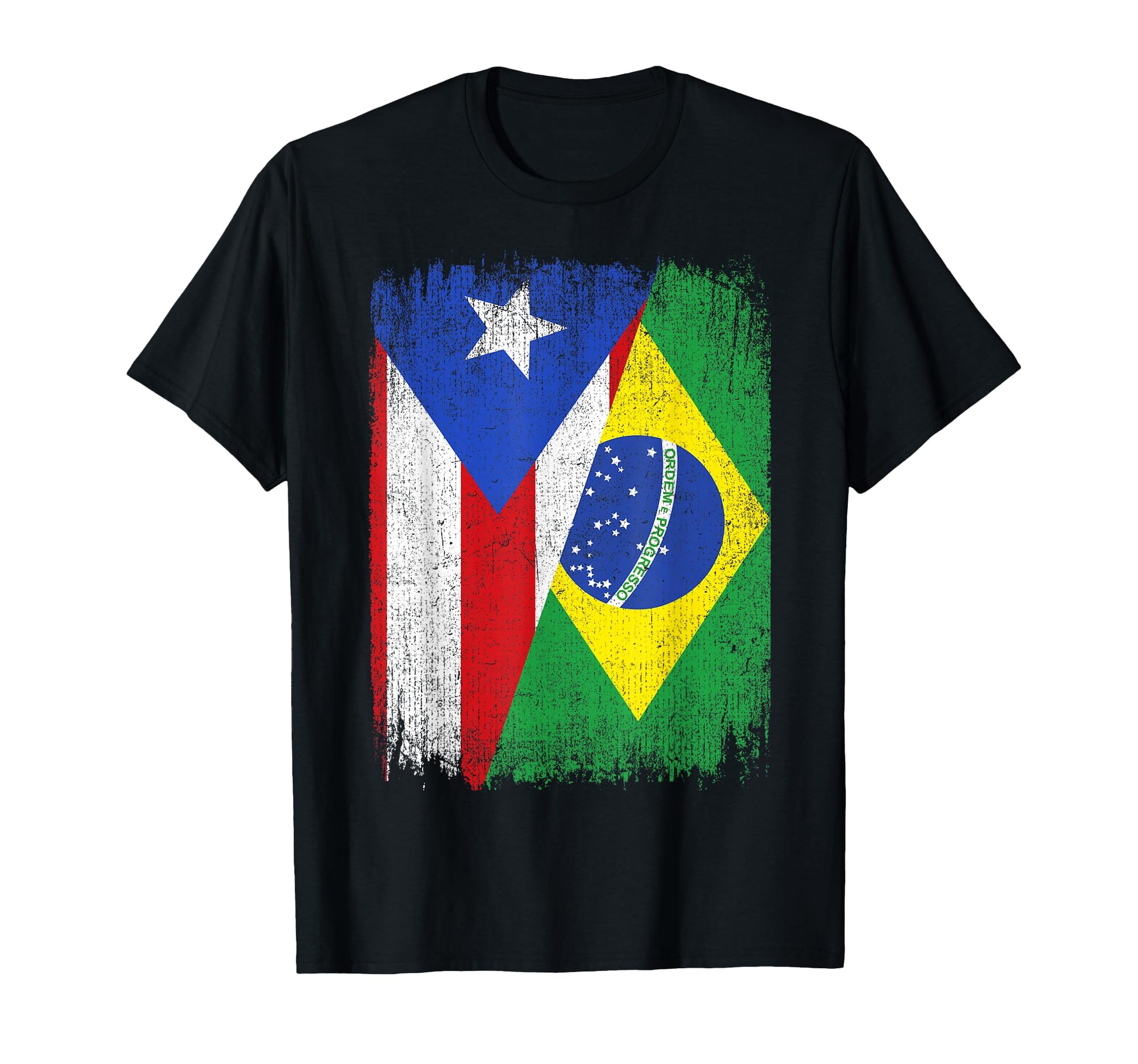 Half Puerto Rico Brazil Flag T-Shirt - Casual Everyday Wear Unisex - T-Shirt, Sweatshirt, Hoodie