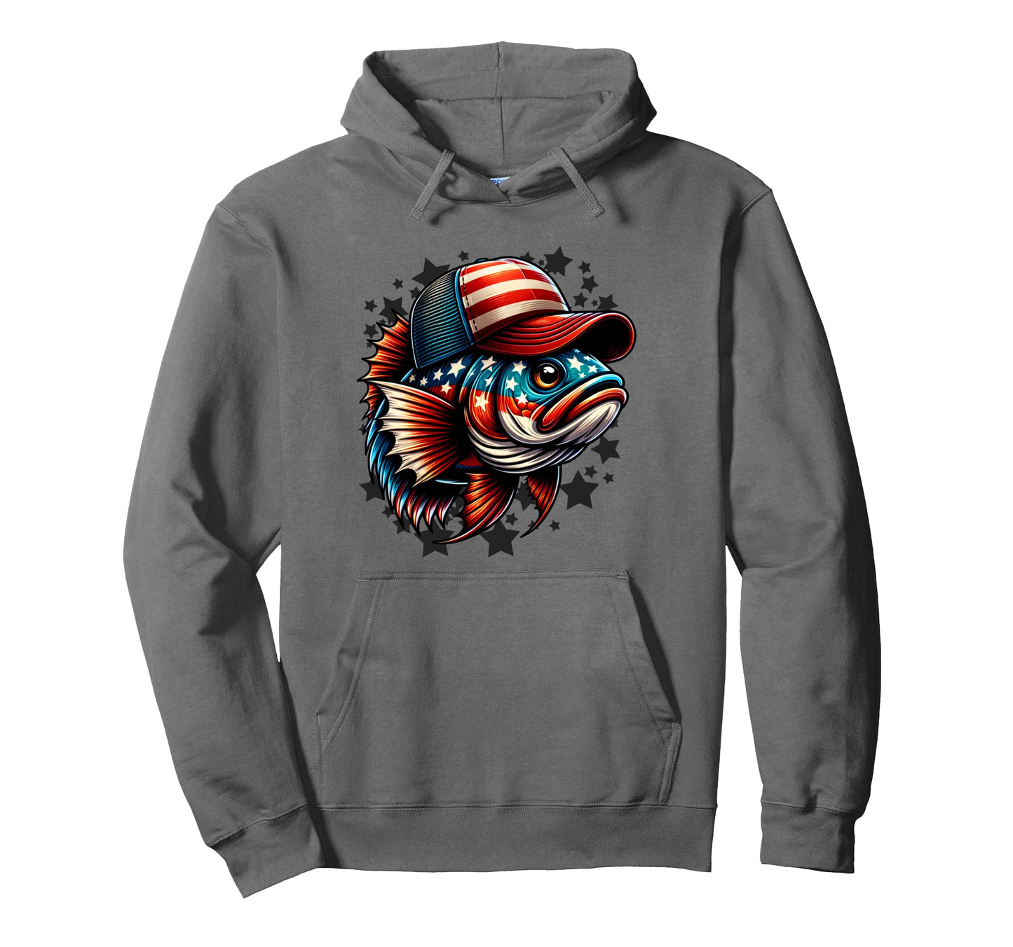 Fish Wearing Trucker Hat Patriotic Hoodie - Fun Novelty Design for Adults - T-Shirt, Sweatshirt, Hoodie