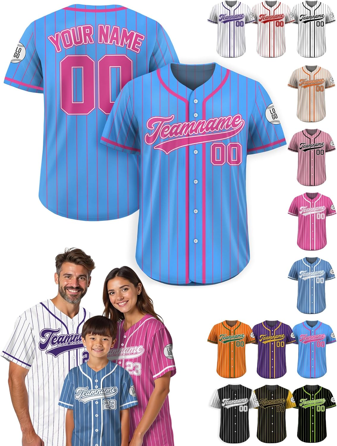 Custom Baseball Jersey – Personalized Name, Number & Logo, Pinstripe Button Up Jersey for Men, Women, Youth, Toddlers baseball jersey product view 1