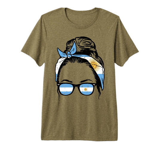 Argentina Messy Bun Flag Soccer Fan Mom T-Shirt - Aesthetic Graphic Unisex - T-Shirt, Sweatshirt, Hoodie