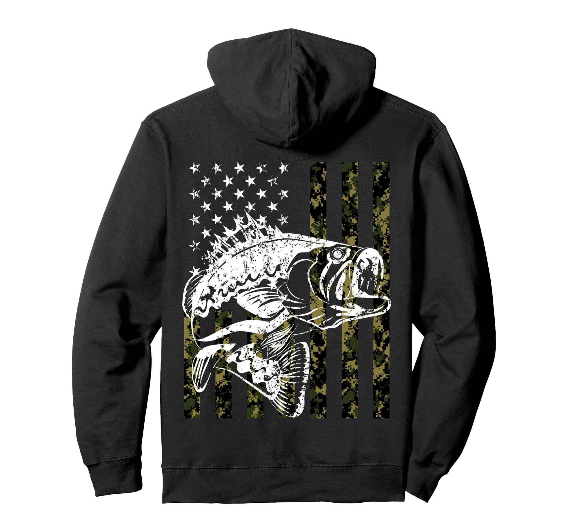 American Flag Bass Fish Patriotic Hoodie - Casual Everyday Wear Men Women - T-Shirt, Sweatshirt, Hoodie