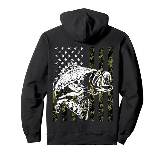 American Flag Bass Fish Patriotic Hoodie - Casual Everyday Wear Men Women - T-Shirt, Sweatshirt, Hoodie