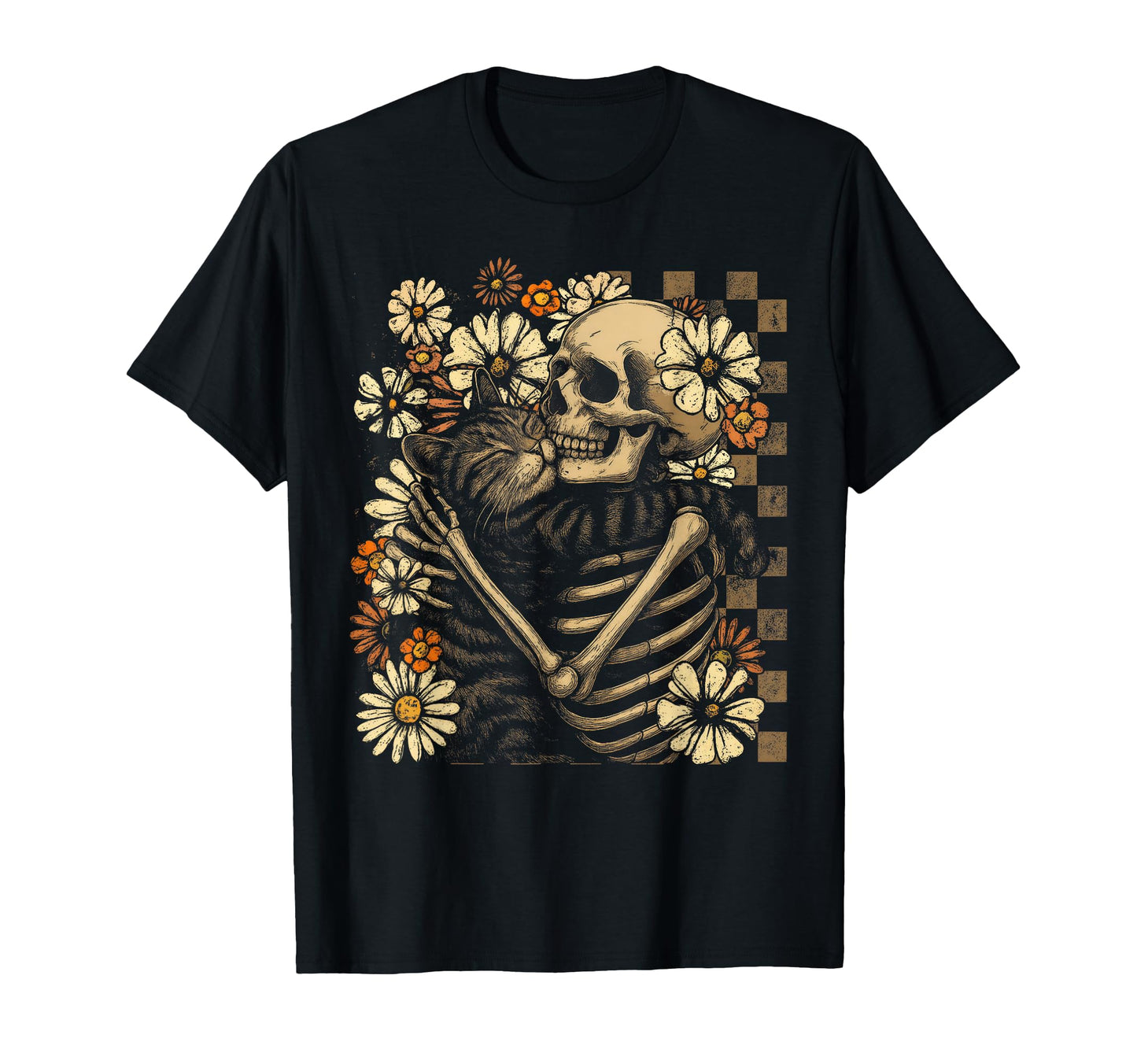 Floral Skeleton Hugging Cat Halloween T-Shirt - Trendy Graphic Men Women - T-Shirt, Sweatshirt, Hoodie