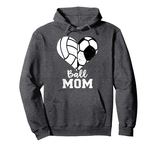Ball Mom Heart Funny Soccer Volleyball Hoodie - Fun Novelty Design Unisex - T-Shirt, Sweatshirt, Hoodie