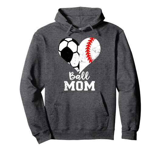 Ball Mom Heart Funny Baseball Soccer Hoodie - Novelty Apparel for Adults - T-Shirt, Sweatshirt, Hoodie