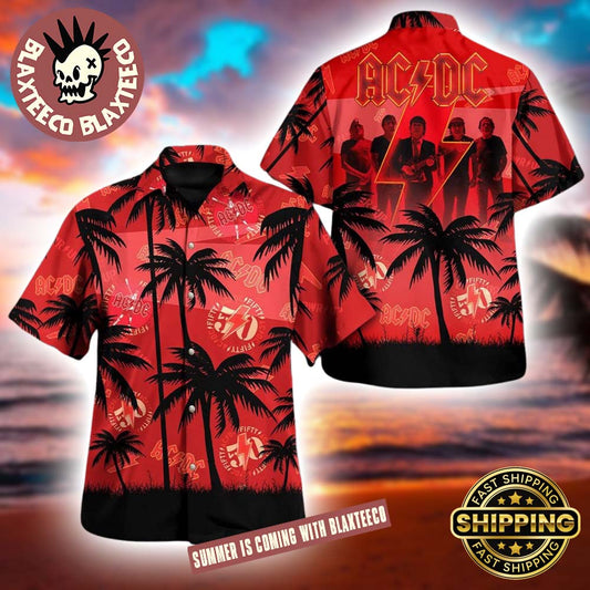 ACDC 50th Anniversary Palm Tree And Logo Pattern Red 2025 Hawaiian Shirt Unisex T-shirt, Sweatshirt, Hoodie, Long Sleeve Tee - T-Shirt, Sweatshirt, Hoodie