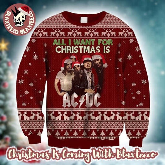 ACDC All I Want For Christmas Is ACDC Snowflakes And Reindeer Pattern Christmas Ugly Sweater - T-Shirt, Sweatshirt, Hoodie