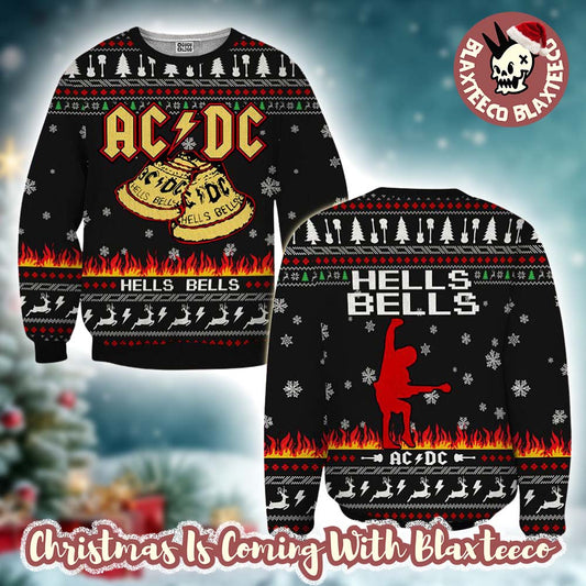 ACDC Angus Young Hells Bells With Flames And Reindeer Pattern Christmas Ugly Sweater Unisex T-shirt, Sweatshirt, Hoodie, Long Sleeve Tee - T-Shirt, Sweatshirt, Hoodie