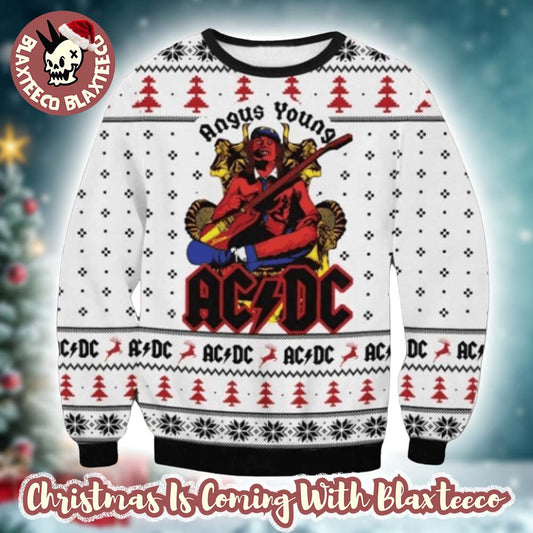ACDC Angus Young In Throne Snowflakes Pattern Knitted White Ugly Christmas Sweater Unisex T-shirt, Sweatshirt, Hoodie, Long Sleeve Tee - T-Shirt, Sweatshirt, Hoodie