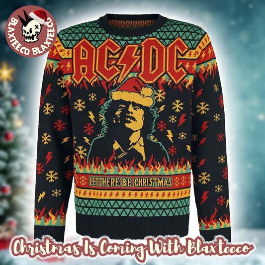 ACDC Angus Young Let There Be Christmas Thunder And Snowflakes Pattern Holiday Gift Ugly Christmas Sweater - T-Shirt, Sweatshirt, Hoodie