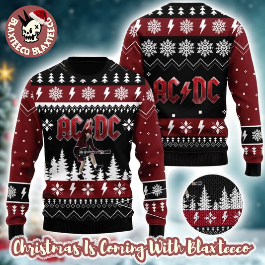 ACDC Angus Young Signature Move Under The Snowy Night 2025 Christmas Ugly Sweater Unisex T-shirt, Sweatshirt, Hoodie, Long Sleeve Tee - T-Shirt, Sweatshirt, Hoodie