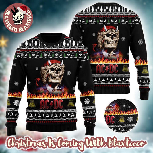 ACDC Angus Young Skeleton In Flame 2025 Knitted Black Ugly Christmas Sweater Unisex T-shirt, Sweatshirt, Hoodie, Long Sleeve Tee - T-Shirt, Sweatshirt, Hoodie