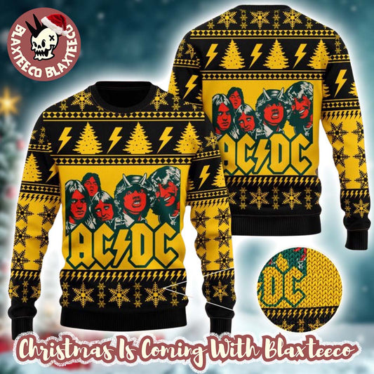 ACDC Band Funny Graphics Snowflakes And Thunder Pattern Knitted Black And Yellow Christmas Ugly Sweater - T-Shirt, Sweatshirt, Hoodie