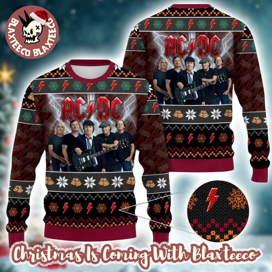 ACDC Band Members Photo Snowflakes And Thunder Logo Pattern Knitted Ugly Christmas Sweater - T-Shirt, Sweatshirt, Hoodie