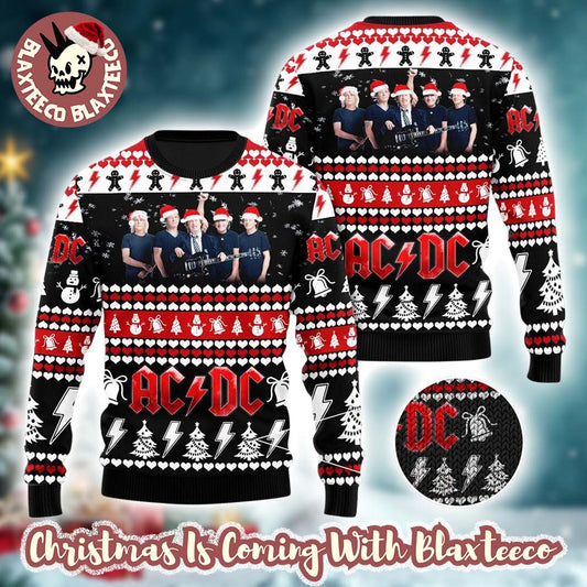 ACDC Band Members Photo With Santa Hats Holiday Christmas Ugly Sweater Unisex T-shirt, Sweatshirt, Hoodie, Long Sleeve Tee - T-Shirt, Sweatshirt, Hoodie