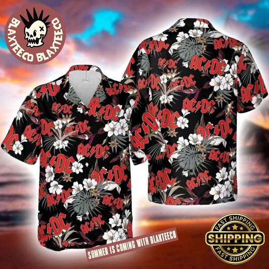 ACDC Band Paradise Floral Black Hawaiian Shirt Gift For Fans 2025 Unisex T-shirt, Sweatshirt, Hoodie, Long Sleeve Tee - T-Shirt, Sweatshirt, Hoodie