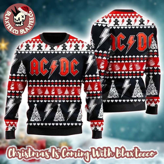 ACDC Band Signature Logo With Thunder And Xmas Tree Pattern 2025 Ugly Christmas Sweater Unisex T-shirt, Sweatshirt, Hoodie, Long Sleeve Tee - T-Shirt, Sweatshirt, Hoodie
