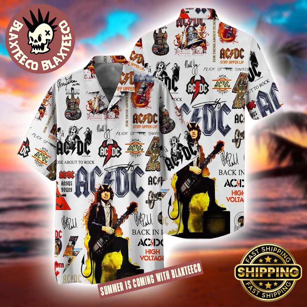 ACDC Band Symbols Collage Angus Young White Summer Hawaiian Shirt Unisex T-shirt, Sweatshirt, Hoodie, Long Sleeve Tee - T-Shirt, Sweatshirt, Hoodie