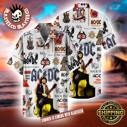 ACDC Band Symbols Collage Angus Young White Summer Hawaiian Shirt Unisex T-shirt, Sweatshirt, Hoodie, Long Sleeve Tee - T-Shirt, Sweatshirt, Hoodie