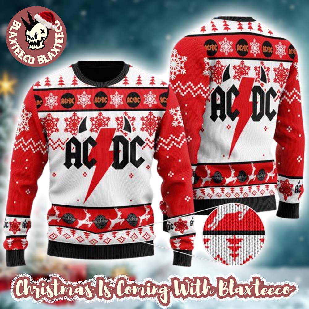 ACDC Big Logo Thunder With Horns Holiday Pattern Red And White Ugly Christmas Sweater Unisex T-shirt, Sweatshirt, Hoodie, Long Sleeve Tee - T-Shirt, Sweatshirt, Hoodie