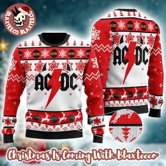 ACDC Big Logo Thunder With Horns Holiday Pattern Red And White Ugly Christmas Sweater Unisex T-shirt, Sweatshirt, Hoodie, Long Sleeve Tee - T-Shirt, Sweatshirt, Hoodie
