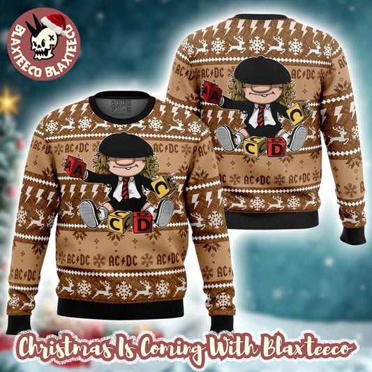 ACDC Brian Johnson Chibi Style Playing Toy Knitted Brown Ugly Christmas Sweater Unisex T-shirt, Sweatshirt, Hoodie, Long Sleeve Tee - T-Shirt, Sweatshirt, Hoodie