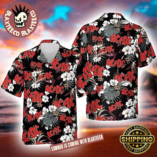 ACDC Floral Hibicus And Logo 2025 Summer Hawaiian Shirt Unisex T-shirt, Sweatshirt, Hoodie, Long Sleeve Tee - T-Shirt, Sweatshirt, Hoodie