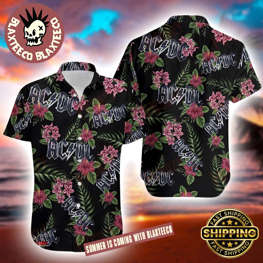 ACDC Floral Tropical Logo Pattern Summer Hawaiian Shirt Unisex T-shirt, Sweatshirt, Hoodie, Long Sleeve Tee - T-Shirt, Sweatshirt, Hoodie