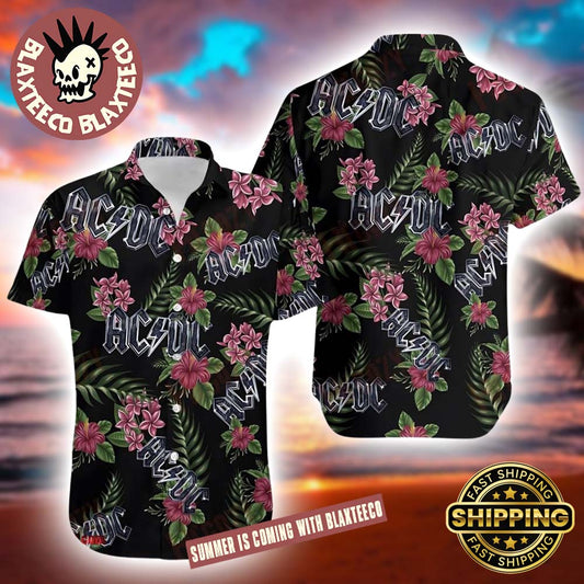 ACDC Floral Tropical Logo Pattern Summer Hawaiian Shirt Unisex T-shirt, Sweatshirt, Hoodie, Long Sleeve Tee - T-Shirt, Sweatshirt, Hoodie
