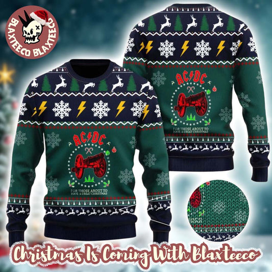 ACDC For Those To Have A Great Christmas Xmas Wreath Cannon Knitted Green Christmas Ugly Sweater - T-Shirt, Sweatshirt, Hoodie