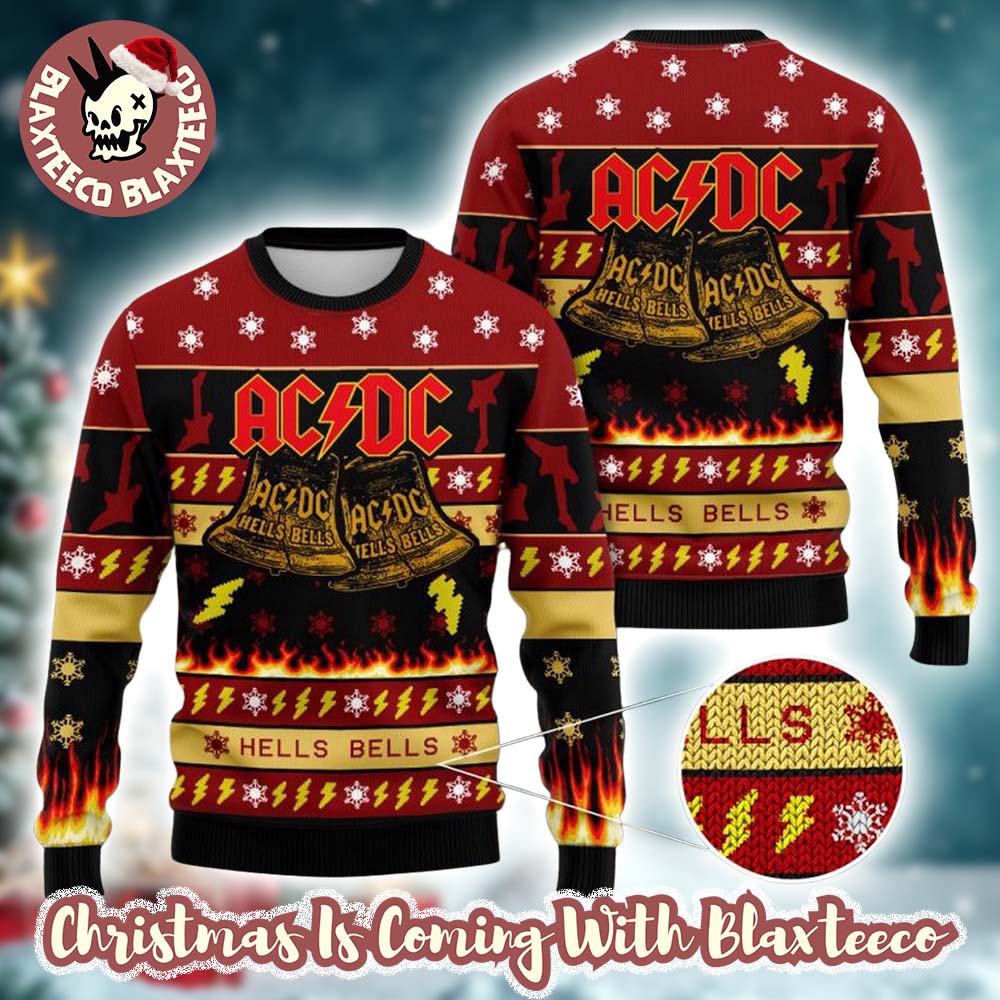 ACDC Hells Bells Flames Graphics Thunder Pattern Knitted 2025 Ugly Christmas Sweater Unisex T-shirt, Sweatshirt, Hoodie, Long Sleeve Tee - T-Shirt, Sweatshirt, Hoodie