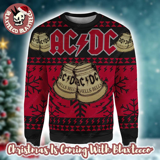 ACDC Hells Bells Signature Bells Snowflakes Pattern Black And Red Vintage Ugly Christmas Sweater - T-Shirt, Sweatshirt, Hoodie