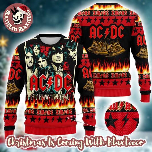 ACDC High Way To Hell X Hells Bells Signature Albums Xmas Black And Red Ugly Christmas Sweater - T-Shirt, Sweatshirt, Hoodie