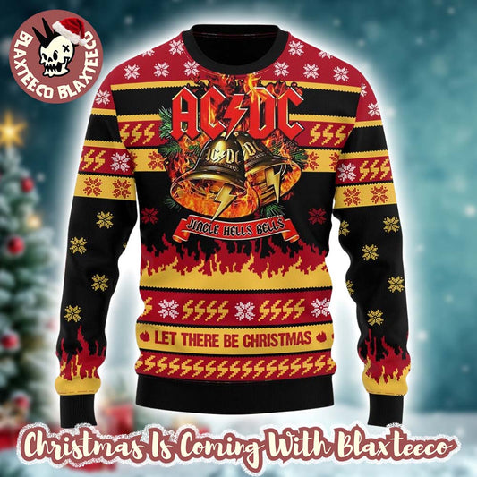 ACDC Jingle Hells Bells Let There Be Christmas Flames Pattern Knitted Ugly Christmas Sweater - T-Shirt, Sweatshirt, Hoodie