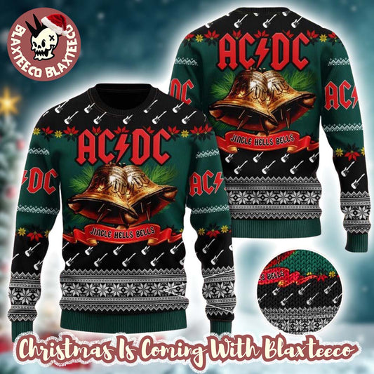 ACDC Jingle Hells Bells With Signature Bells Art Electric Guitar Pattern Ugly Christmas Sweater 2025 - T-Shirt, Sweatshirt, Hoodie