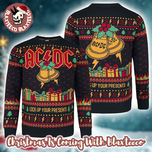ACDC Lock Up Your Presents Jingle Bells Holiday 2025 Knitted Ugly Christmas Sweater Unisex T-shirt, Sweatshirt, Hoodie, Long Sleeve Tee - T-Shirt, Sweatshirt, Hoodie