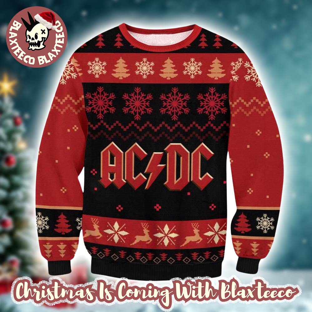 ACDC Logo With Snowflakes And Reindeer Pattern Black And Red Christmas Ugly Sweater Unisex T-shirt, Sweatshirt, Hoodie, Long Sleeve Tee - T-Shirt, Sweatshirt, Hoodie