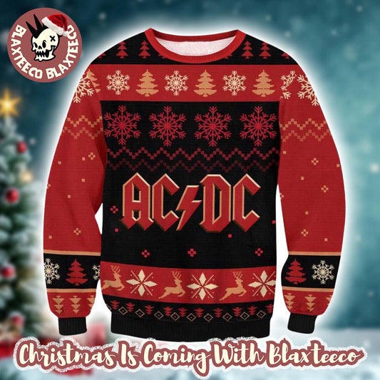 ACDC Logo With Snowflakes And Reindeer Pattern Black And Red Christmas Ugly Sweater Unisex T-shirt, Sweatshirt, Hoodie, Long Sleeve Tee - T-Shirt, Sweatshirt, Hoodie