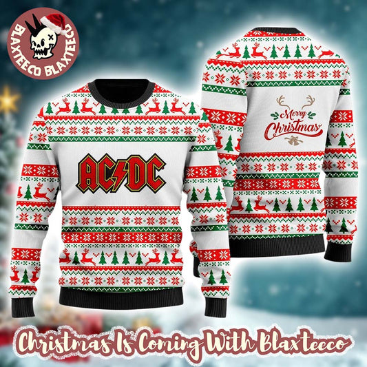 ACDC Merry Christmas Signature Logo With Holiday Pattern Knitted White Ugly Christmas Sweater - T-Shirt, Sweatshirt, Hoodie