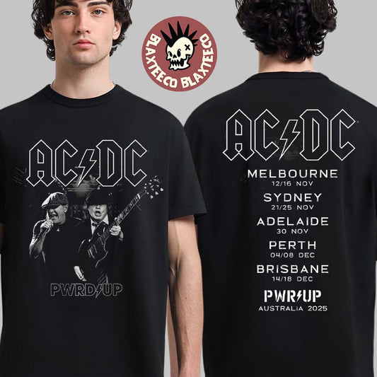 ACDC PWR Up Australia 2025 Angus Young And Brian Johnson Photo PWR UP Tour With Dates Back Two Sided T-Shirt - T-Shirt, Sweatshirt, Hoodie