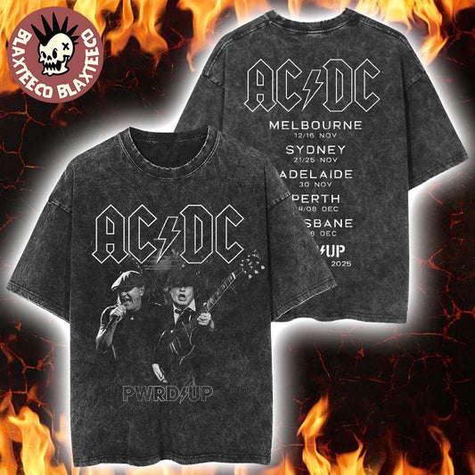 ACDC PWR Up Australia 2025 Angus Young And Brian Johnson Photo PWR UP Tour With Dates Back Washed T-Shirt - T-Shirt, Sweatshirt, Hoodie